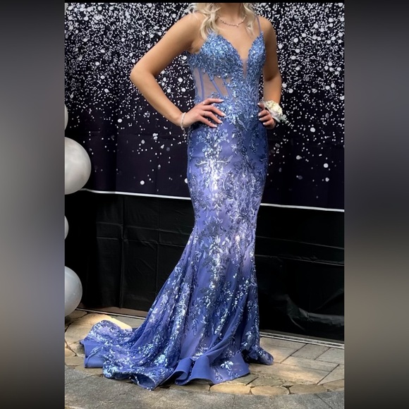 Gorgeous Ellie Wilde Prom Dress sz4 Dusk blue periwinkle EW36003 sequin & lace - Picture 3 of 17